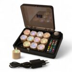 Uppladdningsbara RGB LED-värmeljus DORSETTO (12 st) – vattentäta – i svart laddbox med fjärrkontroll