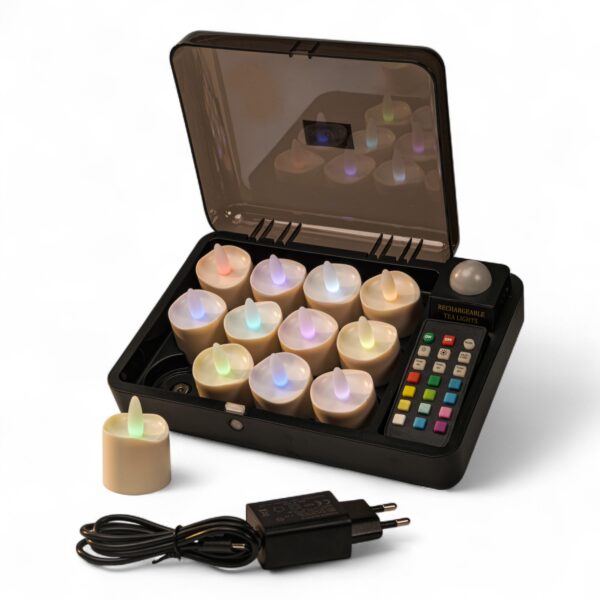 Home 21 Uppladdningsbara RGB LED-värmeljus DORSETTO (12 st) – vattentäta – i svart laddbox med fjärrkontroll