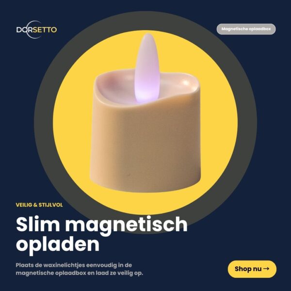A beige Uppladdningsbara RGB LED-värmeljus från DORSETTO lyser violett på blå bakgrund. Holländsk text lyfter fram säker, stilig magnetisk laddning. "Shop nu"-knappen visas nedtill till höger. 12 st, fjärrkontroll, IP68, upp till 160 h.