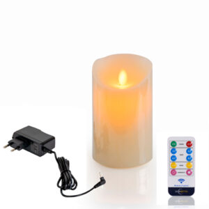 LED-vaxljus med rörlig låga Ø 7,5 × 12,5 cm – varmvit – med adapter och fjärrkontroll