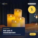 Fyra uppladdningsbara LED-vaxljus – set med 4 – DORSETTO lyser på ett bord med en vävd bordsunderlägg. Texten framhäver deras varma, stämningsfulla sken och innehåller en ”Köp nu”-knapp.