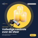 Set med 4 uppladdningsbara LED-vaxljus – DORSETTO avbildat mot en mörk bakgrund, komplett med fjärrkontroll och nätadapter för att enkelt skapa en anpassningsbar stämning. Text och varumärkeselement ingår.