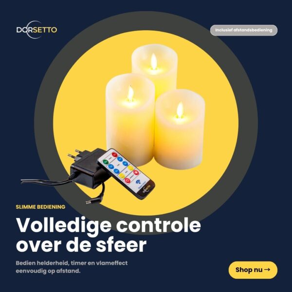 Set med 4 uppladdningsbara LED-vaxljus – DORSETTO avbildat mot en mörk bakgrund, komplett med fjärrkontroll och nätadapter för att enkelt skapa en anpassningsbar stämning. Text och varumärkeselement ingår.