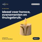 Ett uppladdningsbart 3D-LED-värmeljus med upp till 400 timmars batteritid och fjärrkontroll visas mot en mörk bakgrund bredvid nederländsk text som marknadsför ett 12-pack för restaurangbranschen, evenemang och hemmet, med en ”Köp nu”-knapp.