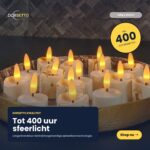 På en rund bricka visas 3D-uppladdningsbara LED-te- och värmeljus (6 st) med gul-orange lågor, som var och en brinner i upp till 400 timmar. Texten lyfter fram kvaliteten, timerfunktionen, den uppladdningsbara tekniken och fjärrkontrollen. Knappen ”Köp nu” syns på framsidan.