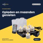 Ett set med 6 ”3D-uppladdningsbara LED-te-/värmeljus” med timer och fjärrkontroll, upp till 400 timmars drifttid, laddningsstation och nätadapter – avbildat mot en mörk bakgrund med nederländsk text som lyfter fram bekvämligheten och den långvariga njutningen.