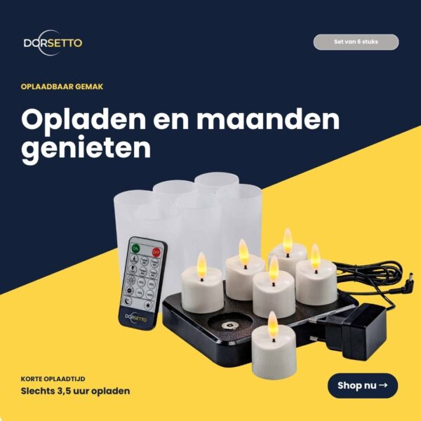 Ett set med 6 ”3D-uppladdningsbara LED-te-/värmeljus” med timer och fjärrkontroll, upp till 400 timmars drifttid, laddningsstation och nätadapter – avbildat mot en mörk bakgrund med nederländsk text som lyfter fram bekvämligheten och den långvariga njutningen.