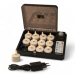 3D LED-värmeljus 12-pack – uppladdningsbara, upp till 400 timmar, med fjärrkontroll och timer, inkl. laddbox med transparent lock och adapter