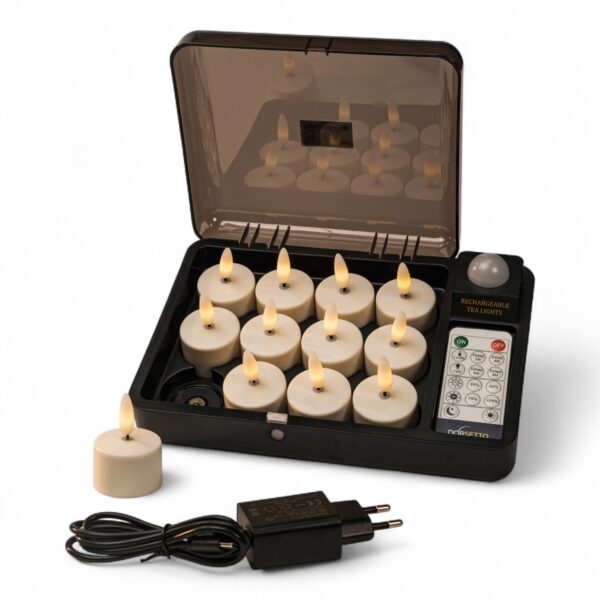 Home 8 3D LED-värmeljus 12-pack – uppladdningsbara, upp till 400 timmar, med fjärrkontroll och timer, inkl. laddbox med transparent lock och adapter