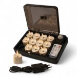 Snabb leverans inom 1–2 arbetsdagar. Dessa 3D LED-värmeljus från DORSETTO har en vågig ovankant och en låga som tycks sväva ovanför en svart pinne, vilket gör dem mycket lika riktiga värmeljus. Ljusen är IP68 vattentäta och levereras med en säker laddbox. Med fjärrkontrollen väljer du enkelt timer och ljusstyrka. Brinntid upp till 400 timmar per ljus – idealiskt för både hem och horeca.