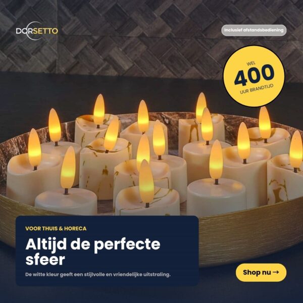 En rund bricka visar 12 snygga, uppladdningsbara 3D LED-värmeljus med gul flameffekt. Varje ljus ger upp till 400 timmars brinntid, levereras med fjärrkontroll och timer - perfekt för hem- eller restaurangmiljöer.