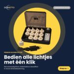 En låda med 12 uppladdningsbara 3D LED-värmeljus (upp till 400 timmars brinntid), fjärrkontroll och timerfunktion visas mot mörk bakgrund med nederländsk text och en "Shop nu"-knapp.