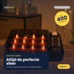 Uppladdningsbara LED-värmeljus röda (12 st), vattentäta och med fjärrkontroll, visas i laddningsbricka. Timerfunktion, 400 timmars brinntid - perfekt för stämning hemma eller inom hospitality.