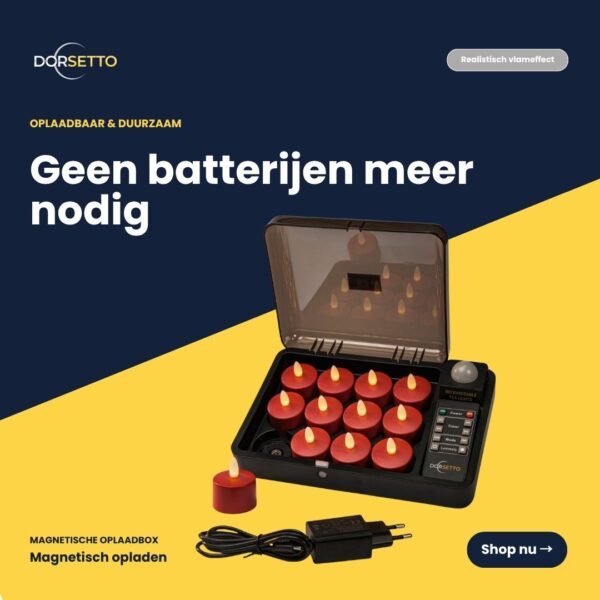 Uppladdningsbara LED-värmeljus röda - vattentäta, med fjärrkontroll och timerfunktion. 12-pack i elegant laddbox med transparent lås, på mörkblått och gult underlag samt holländsk text om batterifri användning.