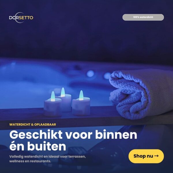 En ihoprullad handduk och tre RGB-LED-tealjus från DORSETTO ligger bredvid en bubbelpool med blått ljus. Dessa 100 % vattentäta, uppladdningsbara ljus (upp till 160 timmar per laddning) är dimbara, har fjärrkontroll och passar både inomhus och utomhus.