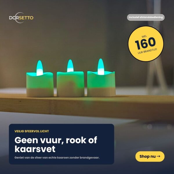 Set med 6 uppladdningsbara, vattentäta RGB-LED-tealjus från DORSETTO med fjärrkontroll, dimningsfunktion och timer. Upp till 160 timmars drifttid per laddning. Säker, ingen eld eller stearin – perfekt för alla inredningsstilar och utmärkt för barn och husdjur.