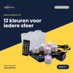 Ett set med sex uppladdningsbara, vattentäta RGB-LED-te-ljus från DORSETTO med fjärrkontroll, induktiv laddningsstation, 6 frostat glas och justerbar ljusstyrka. Upp till 160 timmars brinntid per laddning. Innehåller information på nederländska om produktens egenskaper och färger.