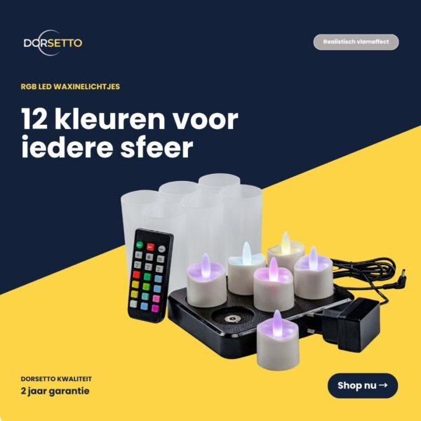 Ett set med sex uppladdningsbara, vattentäta RGB-LED-te-ljus från DORSETTO med fjärrkontroll, induktiv laddningsstation, 6 frostat glas och justerbar ljusstyrka. Upp till 160 timmars brinntid per laddning. Innehåller information på nederländska om produktens egenskaper och färger.