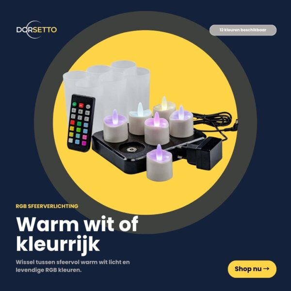 DORSETTO RGB LED-ljus-setet innehåller 6 uppladdningsbara, vattentäta ljus med fjärrkontroll, dimnings- och timerfunktion, laddningsstation och nätadapter – inställbar på varmvitt eller färgglatt RGB-ljus för stämning inomhus eller utomhus, upp till 160 timmar per laddning.