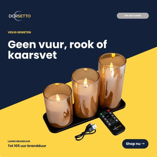 DORSETTO:s uppladdningsbara LED-ljusset innehåller 3 ljus med en brinntid på 105 timmar, fjärrkontroll, bricka och USB-laddningskabel. Säkert – ingen eld, rök eller vax. Knappen ”Handla nu” visas.