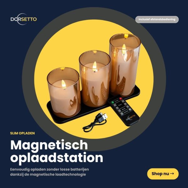DORSETTO uppladdningsbara LED-lampor, set om 3 stycken (brinntid 105 timmar), presenteras på en svart magnetisk laddstation med fjärrkontroll och laddningskabel. Mörk bakgrund med gula cirklar samt Dorsetto-logotypen.