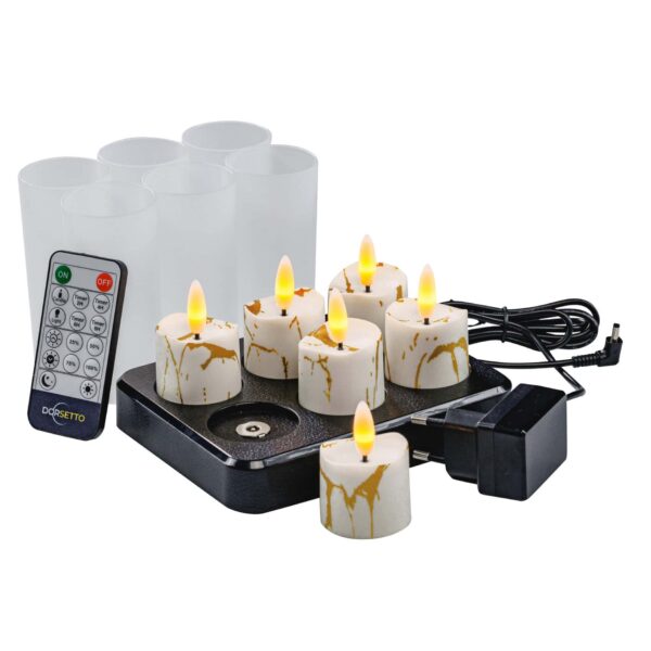Home 22 3D uppladdningsbara LED-värmeljus DORSETTO – 6 st med fjärrkontroll, timer och marmorerad design