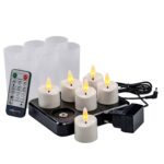 Set med 6 uppladdningsbara 3D LED-te-/värmeljus med timerfunktion, fjärrkontroll, svart laddbas, nätadapter och sex matta hållare för varm stämning.