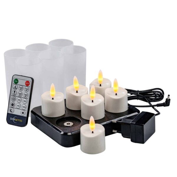 Set med 6 uppladdningsbara 3D LED-te-/värmeljus med timerfunktion, fjärrkontroll, svart laddbas, nätadapter och sex matta hållare för varm stämning.