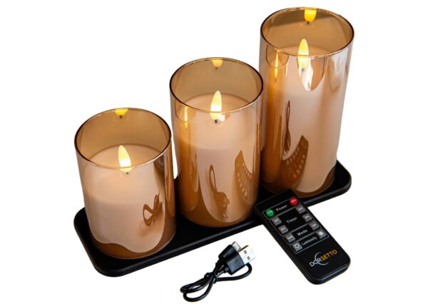 Skapa en varm och elegant atmosfär med DORSETTOs uppladdningsbara LED-ljus (3 st, 105 timmars brinntid) med fjärrkontroll och avancerad belysningsteknik.