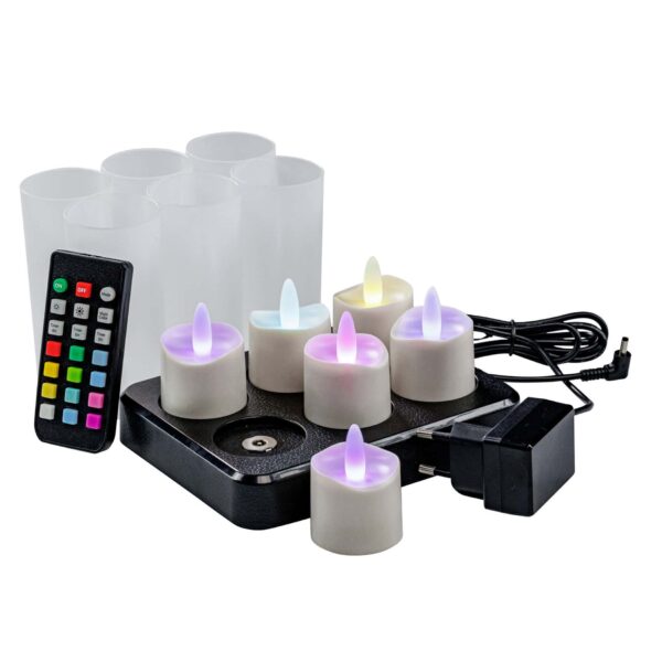 Set med 6 uppladdningsbara RGB LED-värmeljus som byter färg, inklusive laddstation, fjärrkontroll, 6 frostade hållare och nätadapter.