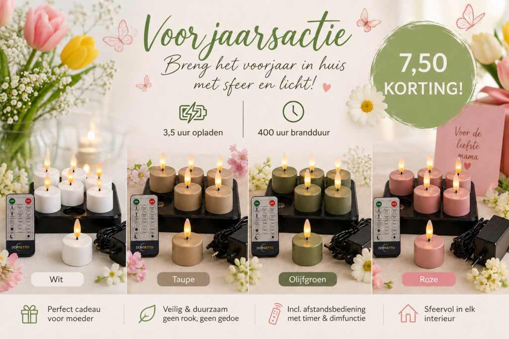 En reklambild för LED-värmeljus i färgerna vit, taupe, olivgrön och rosa. Texten lyfter fram en vårrabatt på 7,50 euro, 3,5 timmars uppladdning, 400 timmars brinntid och funktioner som fjärrkontroller och olika inställningar.