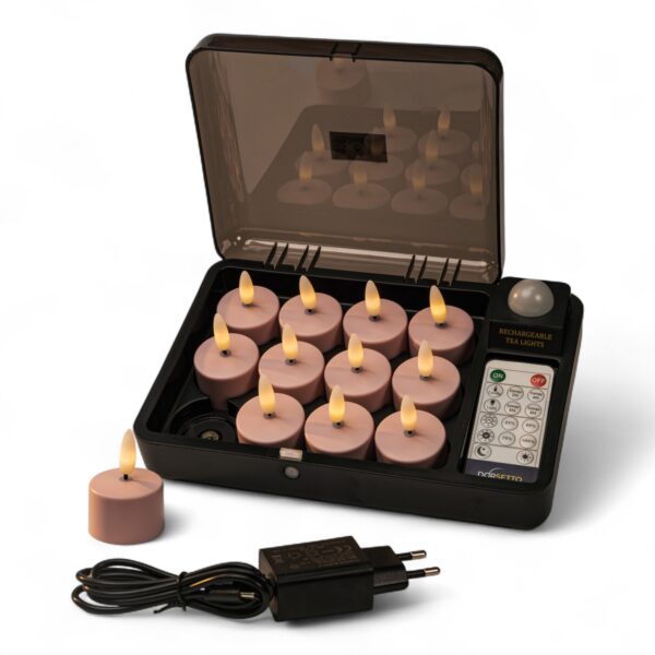 Rosa uppladdningsbara värmeljus från DORSETTO med realistisk 3D-flamma och brinntid upp till 400 timmar per ljus. Set med 12, magnetisk laddbox och fjärrkontroll för säker och stämningsfull belysning utan eld.