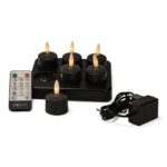 Titelbild 1: Setet med uppladdningsbara svarta värmeljus innehåller 6 uppladdningsbara svarta värmeljus med brinntid upp till 400 timmar, fjärrkontroll och laddbas, avbildat mot vit bakgrund.