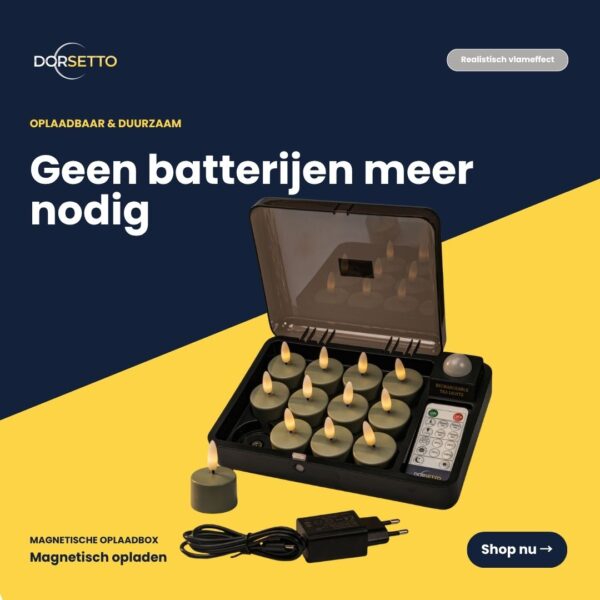 LED-värmeljus olivgrön - set med 12 uppladdningsbara ljus, fjärrkontroll, laddningsetui och kabel. Upp till 400 timmars brinntid. Säljs på blå och gul bakgrund med text om batterifri och hållbar användning.