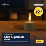 Tolv olivgröna LED-värmeljus med glödande lågor på en träyta. Textbanners lyfter fram funktioner: fjärrkontroll och upp till 400 timmars brinntid. Bakgrunden är mörk och suddig.