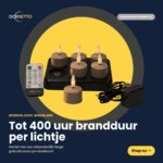 Uppladdningsbara beige värmeljus, 6-pack med fjärrkontroll, upp till 400 timmars brinntid per ljus och laddningsstation – visas mot mörk bakgrund med nederländsk text.