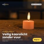 Ett flamlöst LED-ljus lyser försiktigt på trä. Holländsk text marknadsför "Uppladdningsbara rosa värmeljus - upp till 400 timmars brinntid, 12 st, med fjärrkontroll" för säker ljuslykta. "Shop nu"-knappen finns längst ner till höger.
