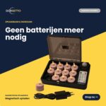 Uppladdningsbara rosa värmeljus (12 st) med fjärrkontroll och laddbox - upp till 400 timmars brinntid. Inga fler batterier behövs tack vare magnetisk laddning, vilket framhävs i den nederländska texten.