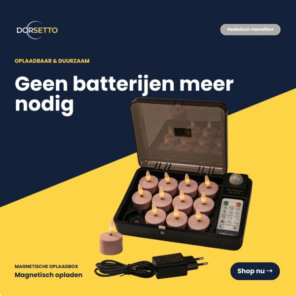 Uppladdningsbara rosa värmeljus (12 st) med fjärrkontroll och laddbox - upp till 400 timmars brinntid. Inga fler batterier behövs tack vare magnetisk laddning, vilket framhävs i den nederländska texten.