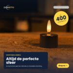 Tolv moderna svarta uppladdningsbara värmeljus med fjärrkontroll och upp till 400 timmars brinntid skapar den perfekta atmosfären hemma eller på hotell. En "Shop nu"-knapp visas.