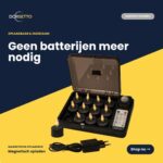 Uppladdningsbara värmeljus svarta set (12 LED-ljus, upp till 400 timmars brinntid, fjärrkontroll) visas med laddningsbox och adapter på en mörkblå och gul bakgrund som framhäver hållbarhet och att inga fler batterier behövs på nederländska.
