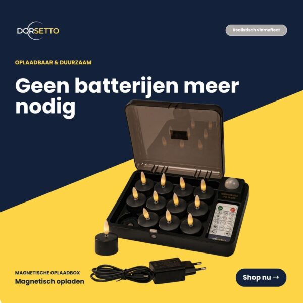Uppladdningsbara värmeljus svarta set (12 LED-ljus, upp till 400 timmars brinntid, fjärrkontroll) visas med laddningsbox och adapter på en mörkblå och gul bakgrund som framhäver hållbarhet och att inga fler batterier behövs på nederländska.