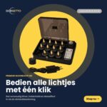 En öppen svart låda med 12 Uppladdningsbara värmeljus och en fjärrkontroll visas. Holländsk text lyfter fram enkel användning av fjärrkontrollen och upp till 400 timmars brinntid. En gul "Shop nu"-knapp visas längst ned till höger.